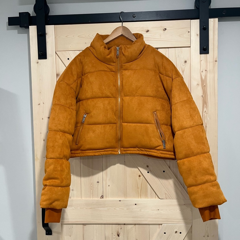 NWT Coalition LA Faux Suede Puffer Jacket in Orange, Size Large